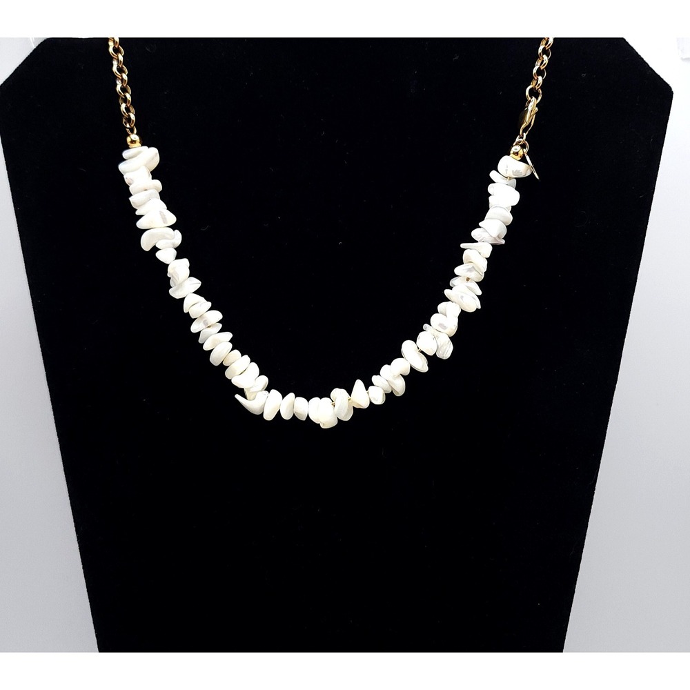 White Shell Chip Necklace Gold Tone Beaded Boho 16in